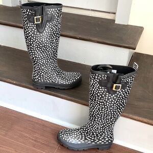 BLACK WHITE JOULES WELLY PRINT KNEE HIGH RAIN BOOTS SIZE US 8/ EU 39